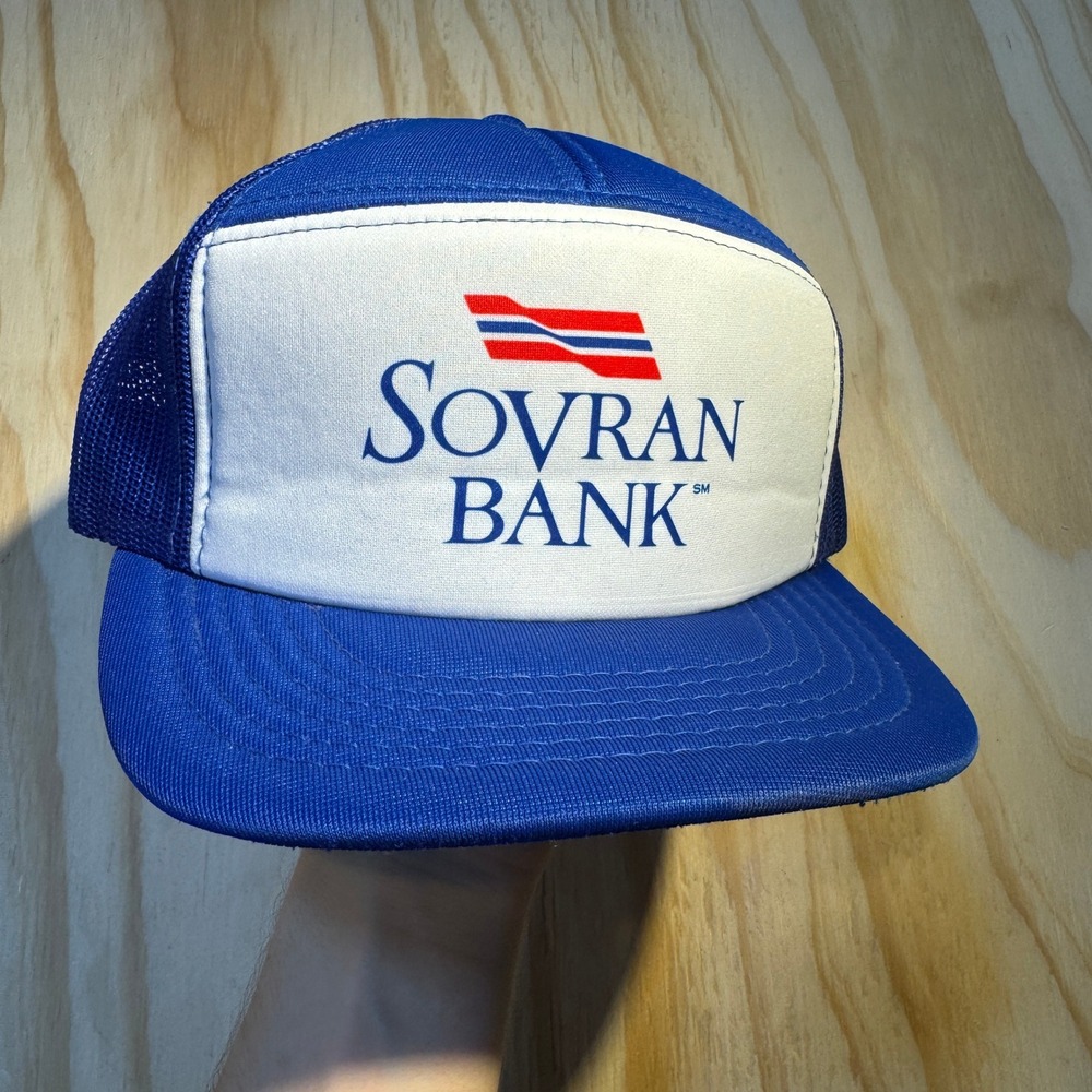 Vintage Sovran Bank Trucker Hat Blue White Mesh Snapback Vernon Headliner Cap